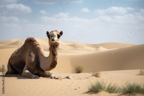 Camel sitting in the desert surrounded by sandy dunes