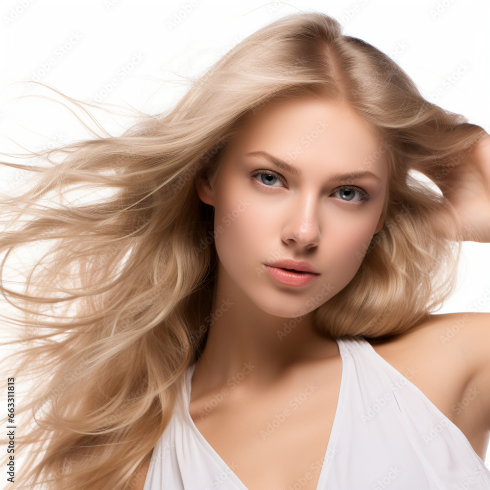 a cute blonde lady is posing while shaking her hair. Generative AI a cute blonde lady is posing while shaking her hair. Generative AI