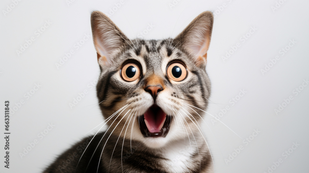 Portrait of a surprised funny cat closeup isolated on white background. Generative AI Portrait of a surprised funny cat closeup isolated on white background. Generative AI
