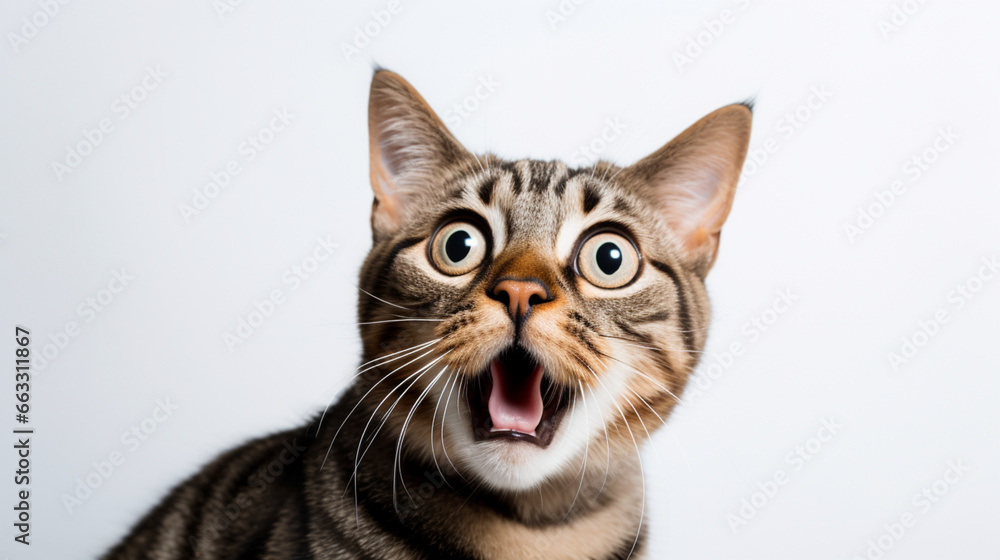Portrait of a surprised funny cat closeup isolated on white background. Generative AI