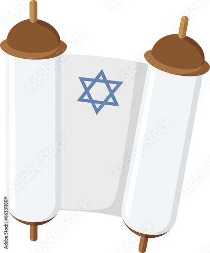 Torah scroll icon isolated on background. Hand drawn flat illustration of ancient Jewish bible book with blue David star. Vector religious graphic design element for Jewish holidays. Paper manuscript.