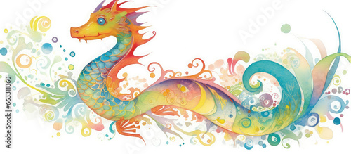 Whimsical and colorful dragon illustration. 
