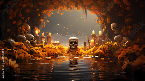 An atmospheric Día de los Muertos setting with delicately crafted sugar skulls amid a sea of marigold flowers, 3D digital rendering, reflecting the rich cultural heritage of the Day of the Dead