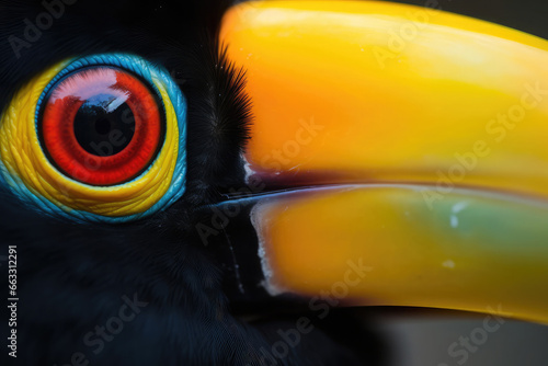 Closeup portrait of the beak and eye of a common toucan (Ramphastos toco) in the wild photo