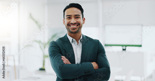 Portrait of businessman with smile in office, arms crossed and confident project manager at engineering agency. Face of happy man, design business leader with pride and positive mindset at startup.
