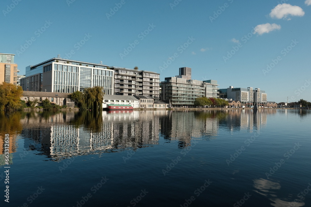 Modern part of Dublin Docklands, known as Silicon Docks, in warm autumn day