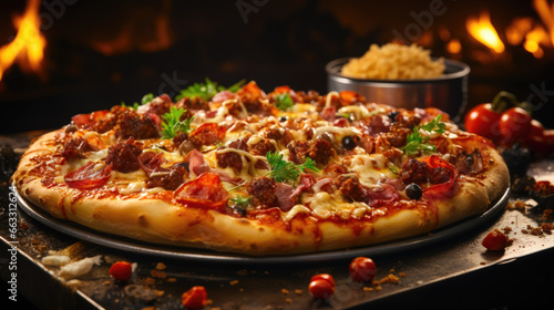 Savory Meat Feast Pizza with Rice and Cherry Tomatoes 