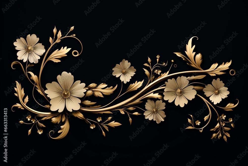 Black flowers with gold outline forming a border, isolated element. Generative AI