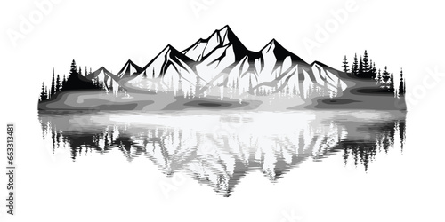 Forest and mountains are reflected in the lake, vector sketch, isolated on white background