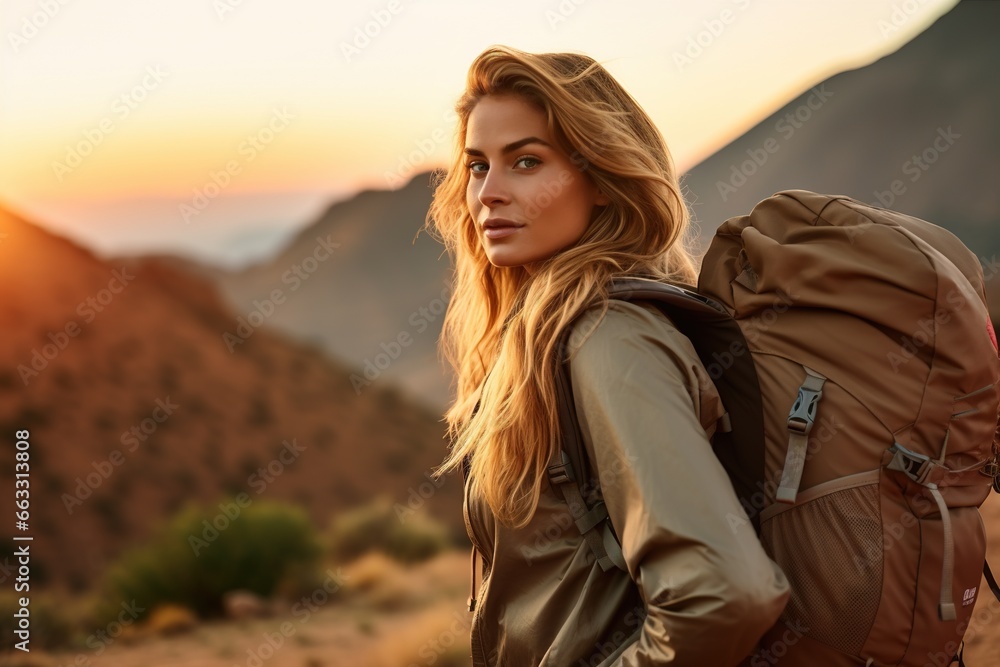 Beautiful woman hiker with backpack hiking in the mountains at sunset Beautiful woman hiker with backpack hiking in the mountains at sunset