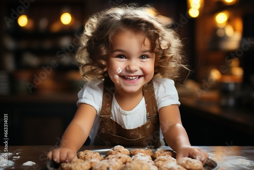 happy funny kid bake cookies in kitchen