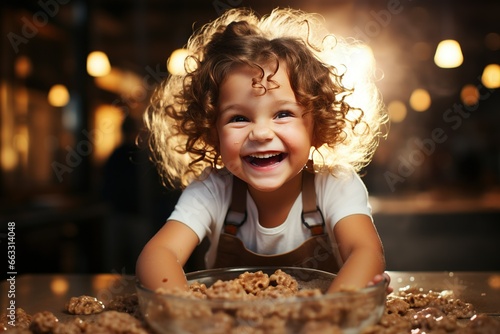 happy funny kid bake cookies in kitchen