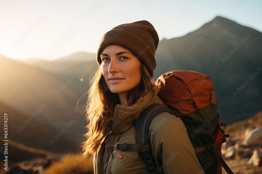 Beautiful woman hiker with backpack hiking in the mountains at sunset