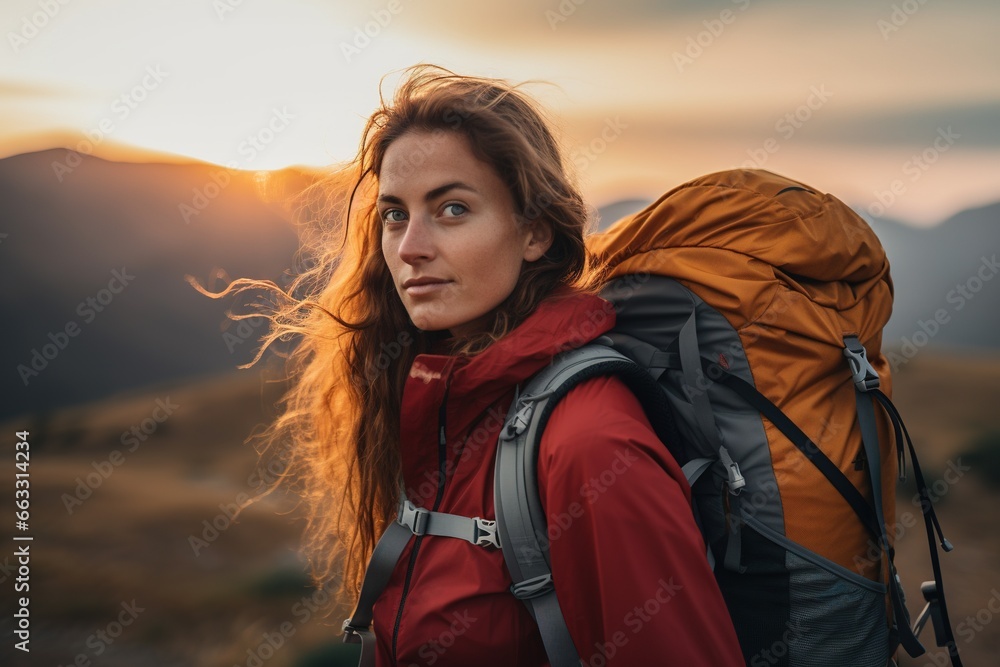 Beautiful woman hiker with backpack hiking in the mountains at sunset