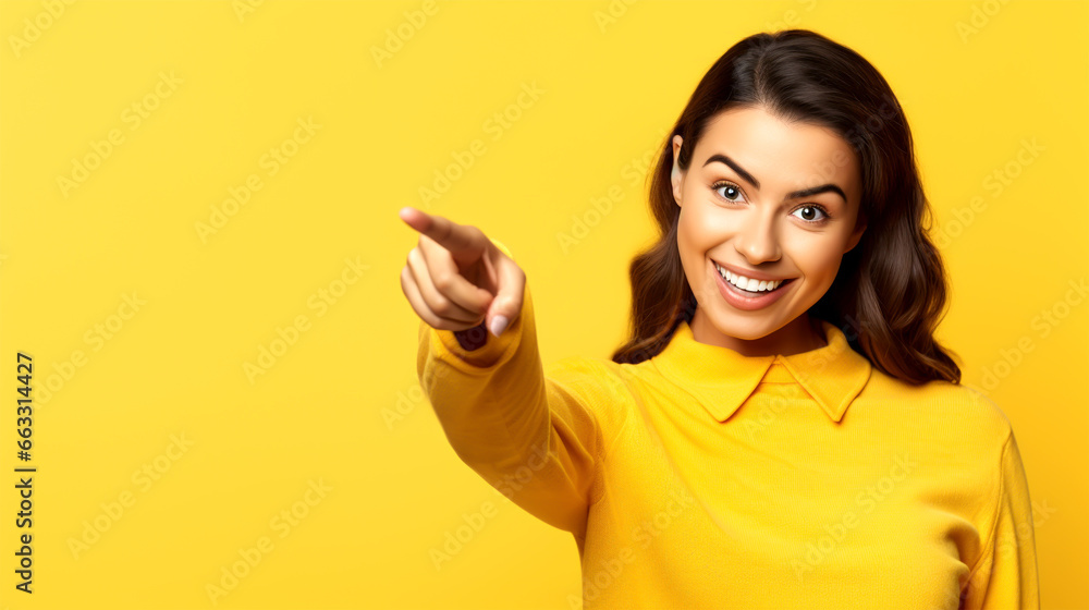 LAUGHING YOUNG WOMAN POINTING WITH A FINGER AT EMPTY SPACE. image created by legal AI LAUGHING YOUNG WOMAN POINTING WITH A FINGER AT EMPTY SPACE. image created by legal AI