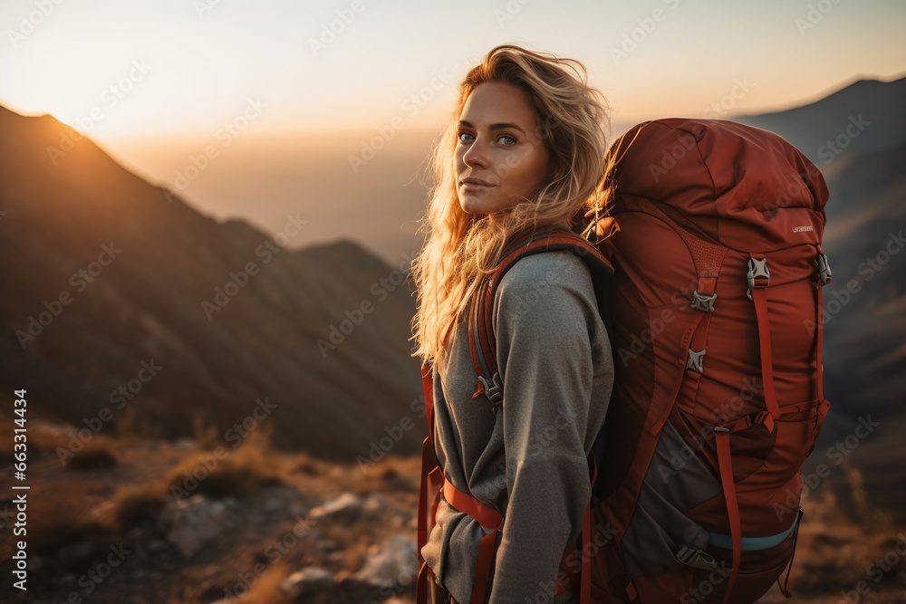 Beautiful woman hiker with backpack hiking in the mountains at sunset Beautiful woman hiker with backpack hiking in the mountains at sunset