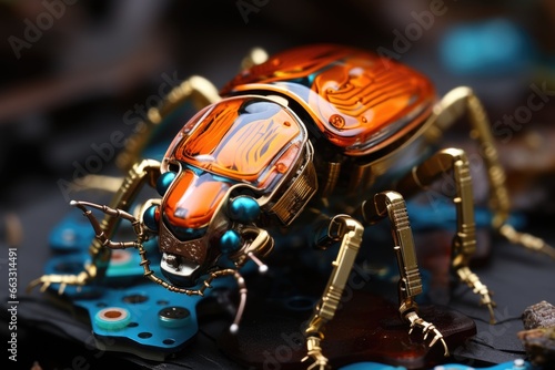 A close up of a toy insect on a circuit board