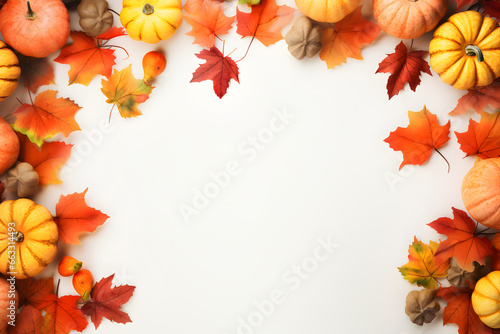 Autumn background with pumpkins and leaves ornamental around frame on isolated white, Thanksgiving background theme