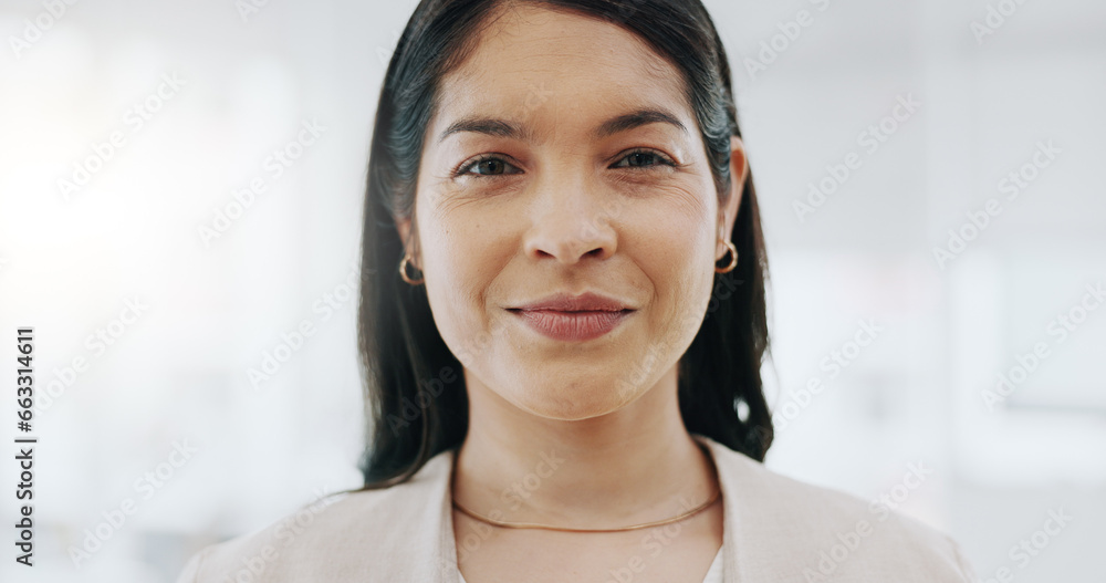 Portrait of happy woman, smile in office and confident project manager at engineering agency. Face of businesswoman, design business leader with pride and positive mindset for entrepreneur at startup - obrazy, fototapety, plakaty 
