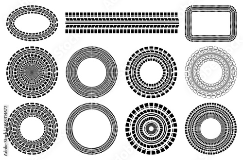 Tire wheel marks of cars, round ornament, set. Vector illustration