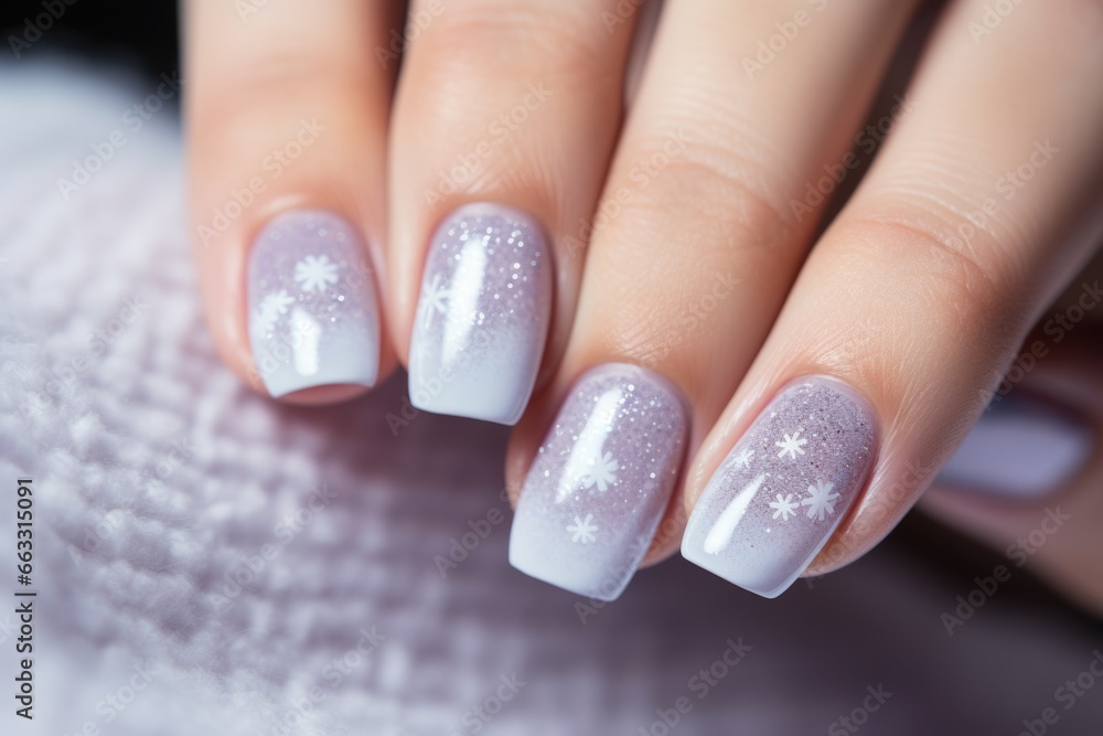 A woman's hand with a white and silver manicure A woman's hand with a white and silver manicure