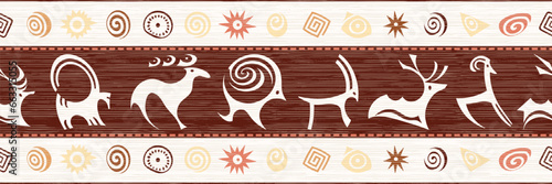 Ethnic seamless border on the theme of rock paintings, vector design, banner	