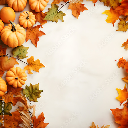 Autumn background with pumpkins and leaves ornamental around frame on isolated white  Thanksgiving background theme