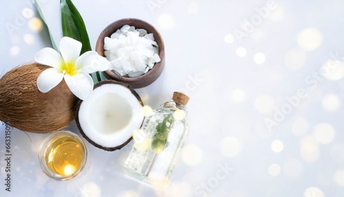 coconut oil bottle and white flower isolated over the white background with text space