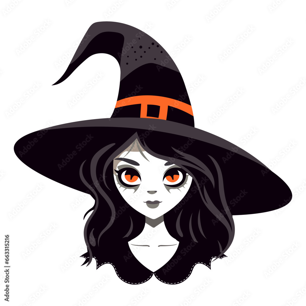 Vector illustration of young cute witch wearing witch's hat. White background. Halloween celebrate party concept. Cartoon style. For logo, poster, banner, card, event elements, ticket, greeting card.