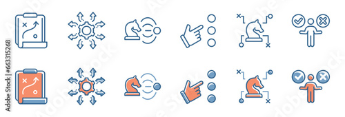 set of strategy action plan business mission icon vector teamwork leadership decision success objective symbol collection illustration