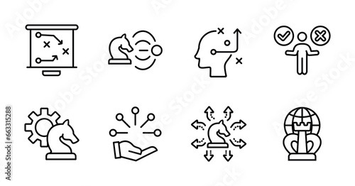 strategy action planning business leadership decision outline icon set marketing management option success solution vector problem solving path signs illustration for web and app design