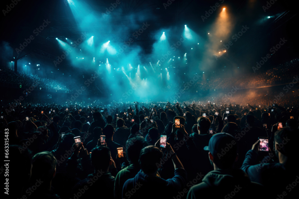 A pulsating concert and a sea of mobile phones blend in a mesmerizing display of music, lights, and euphoria - obrazy, fototapety, plakaty 