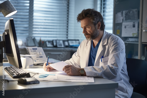 doctor sitting at the desk in clinic, with pen in hand, writes in documents. medical worker doing paperwork in office photo