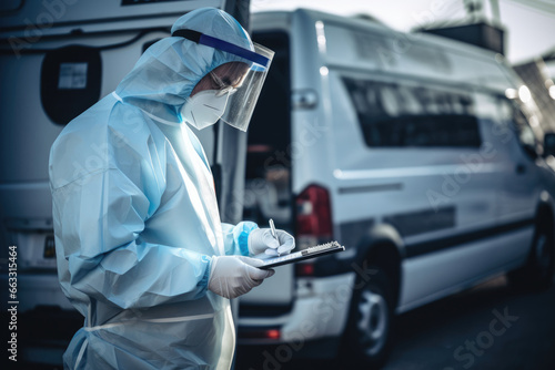 man doctor in protective suit and mask standing outside medical van with clipboard and pen, doing paperwork on blurred background. covid pandemic concept photo