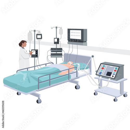 Intensive care unit clinic with air oxygen sensor for medical ventilation. Treatment of patient. Flat vector illustration isolated on white background