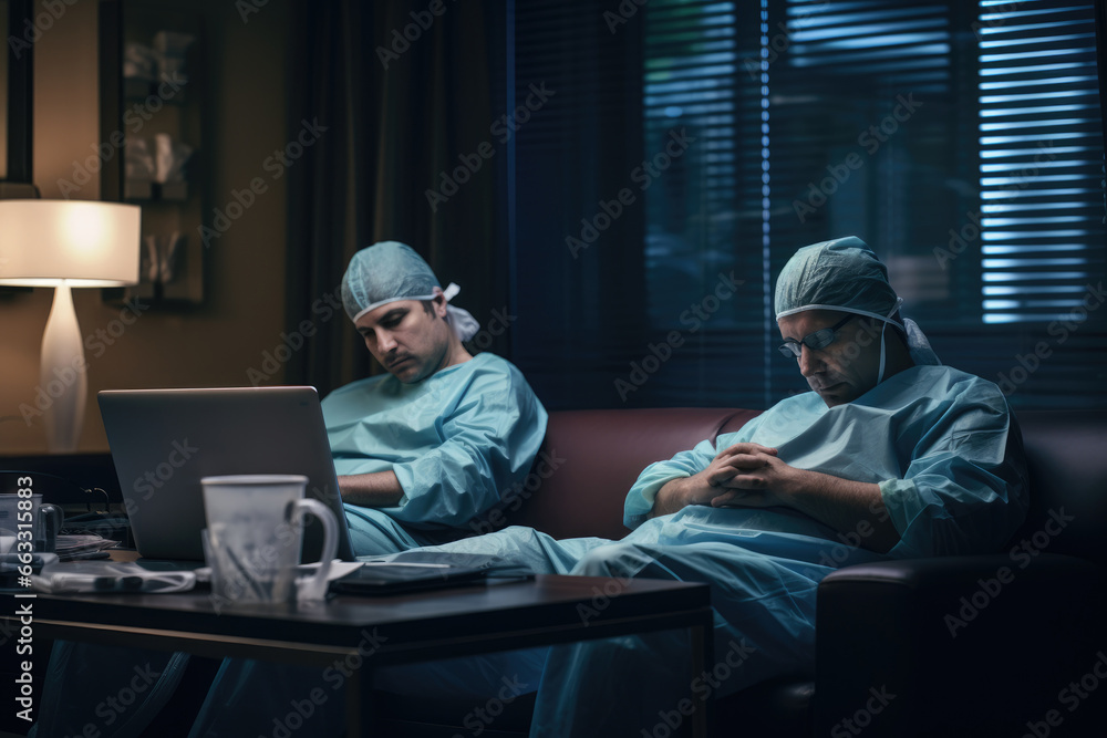 Two Surgeons Taking a Break in a Lounge Room After a Hard Operation Two Surgeons Taking a Break in a Lounge Room After a Hard Operation