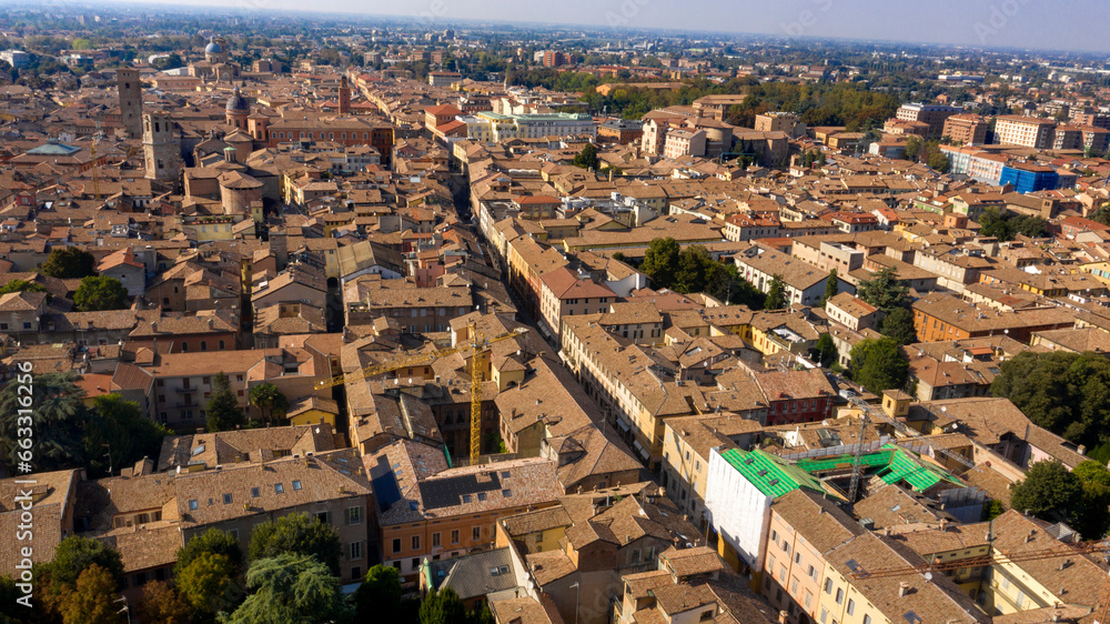 Aerial view of the historic center of Reggio Emilia, Italy. The Old Town develops along the ancient Via Emilia.