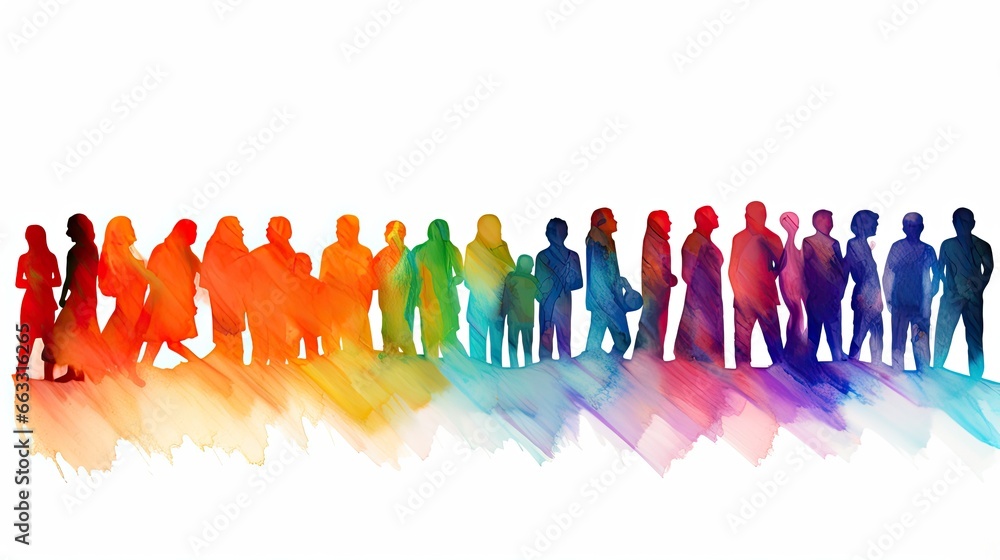 Naklejka premium Beautiful image of a group of people silhouettes standing, drawn in the style of colorful watercolors. Generative AI