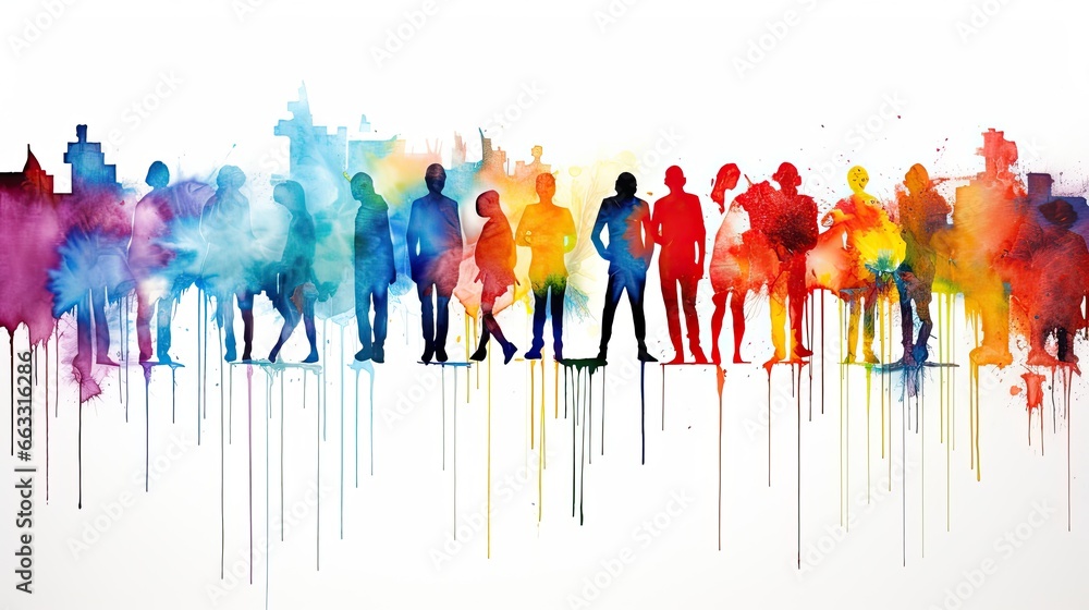 Obraz premium Beautiful image of a group of people silhouettes standing, drawn in the style of colorful watercolors. Generative AI