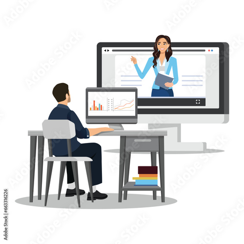 Video call conferences, online meeting, Webinar, business presentations, remote work resources, online collaboration platforms. Flat vector illustration isolated on white background