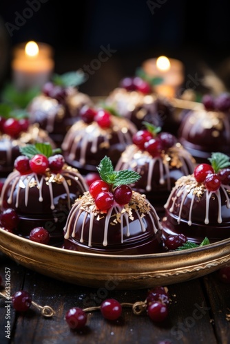 A plate of chocolate covered cherries on a table.