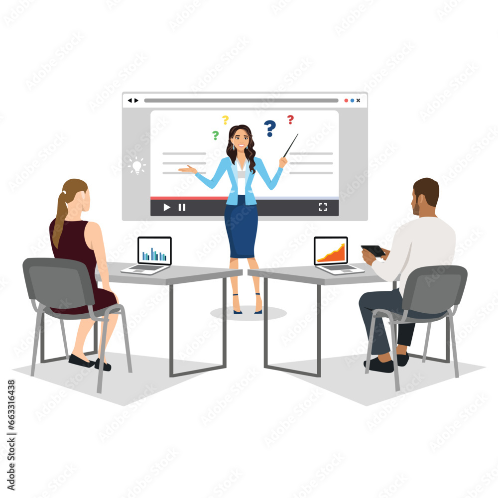 Business woman presenting world business on whiteboard with business people sitting on presentation at office, business presentation conceptual. Flat vector illustration isolated on white background Business woman presenting world business on whiteboard with business people sitting on presentation at office, business presentation conceptual. Flat vector illustration isolated on white background
