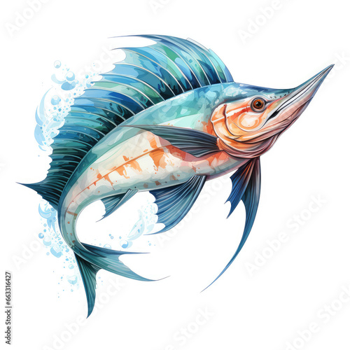 watercolor Swordfish dragon full clipart, Generative Ai photo