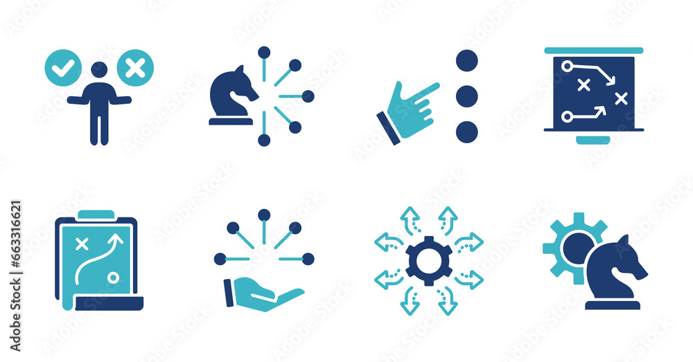 collection of strategy decision making business action planning icon set goal objective solution tactic marketing management vector symbol illustration - obrazy, fototapety, plakaty 