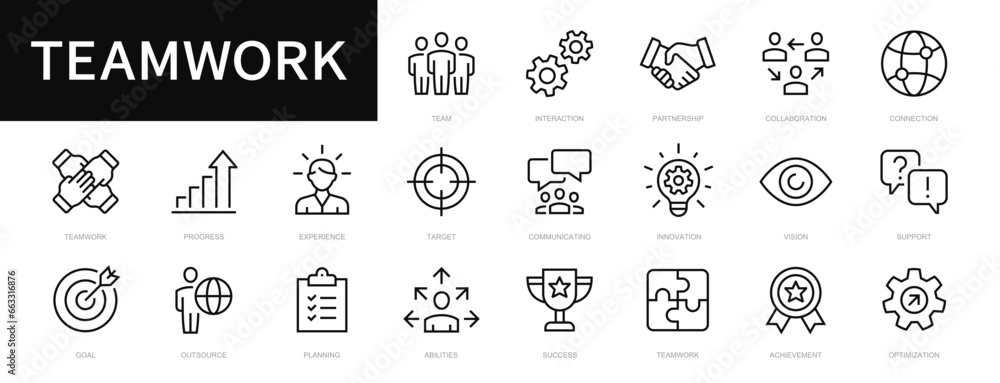 Teamwork & business people thin line icons set. Teamwork editable stroke icon collection. Business icons. Team icons. Vector