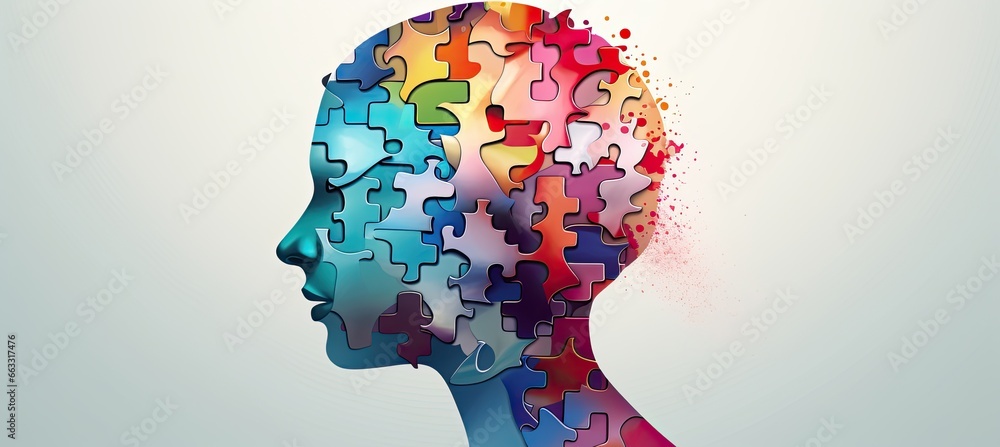 Image of a human head made up of puzzle pieces with vivid colors. Generative AI