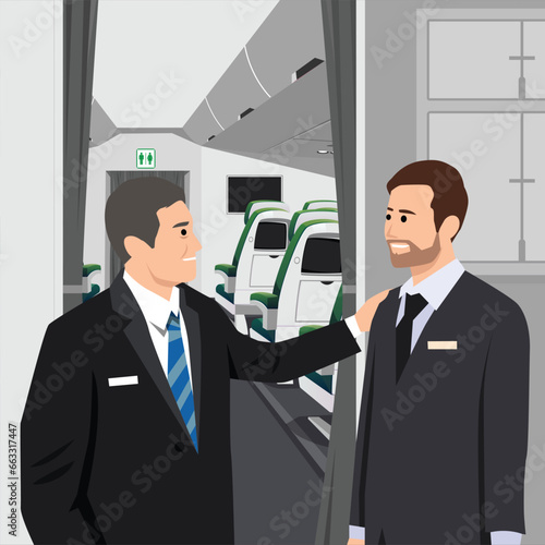 Aircraft personnel. The crew of civil airplane. Pilot and manager talking on the back on the aisle.