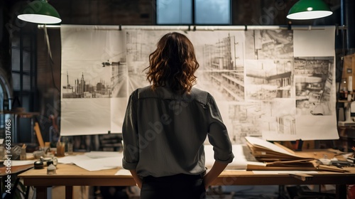 Professional female architect in work process. Drawing building design and preparing construction documents. Strong leader and talented woman with successful career in the maledominated architecture.