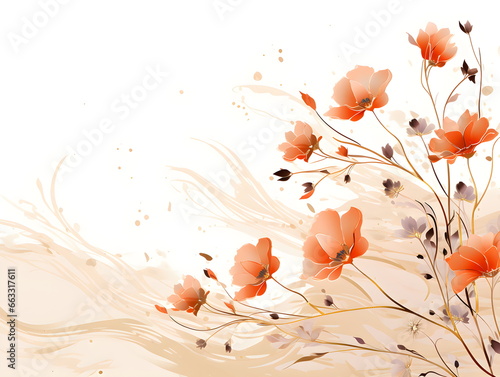 a painting of flowers on a white background. Abstract Peach color foliage background with negative space for copy.
