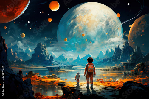 In this cosmic masterpiece, a young astronaut child discovers wonders of space